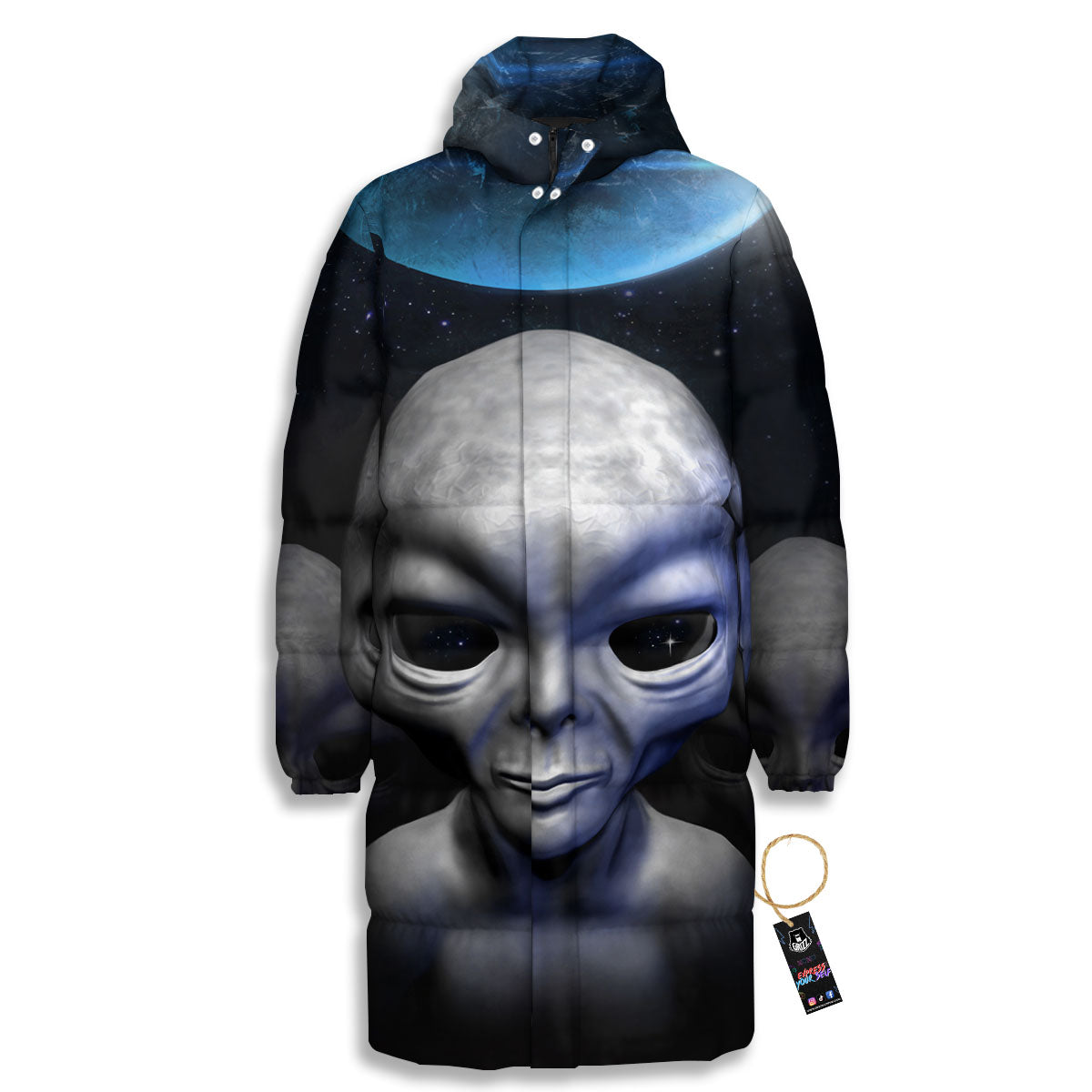 3D Grey Alien Print Long Down Jacket-grizzshop