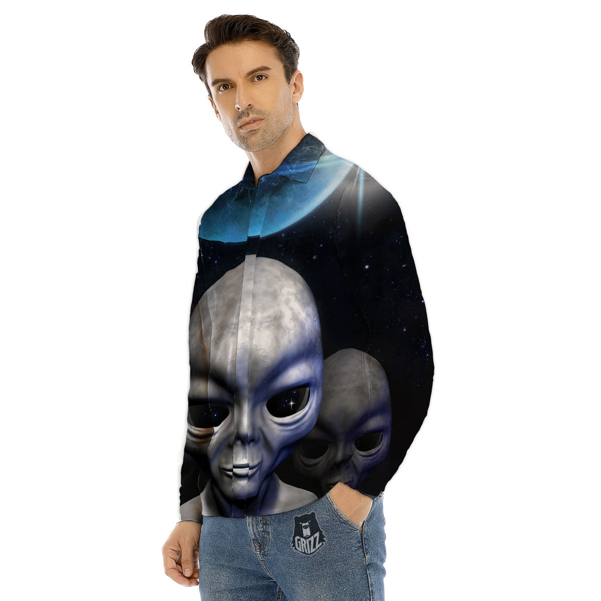 3D Grey Alien Print Men's Dress Shirts-grizzshop