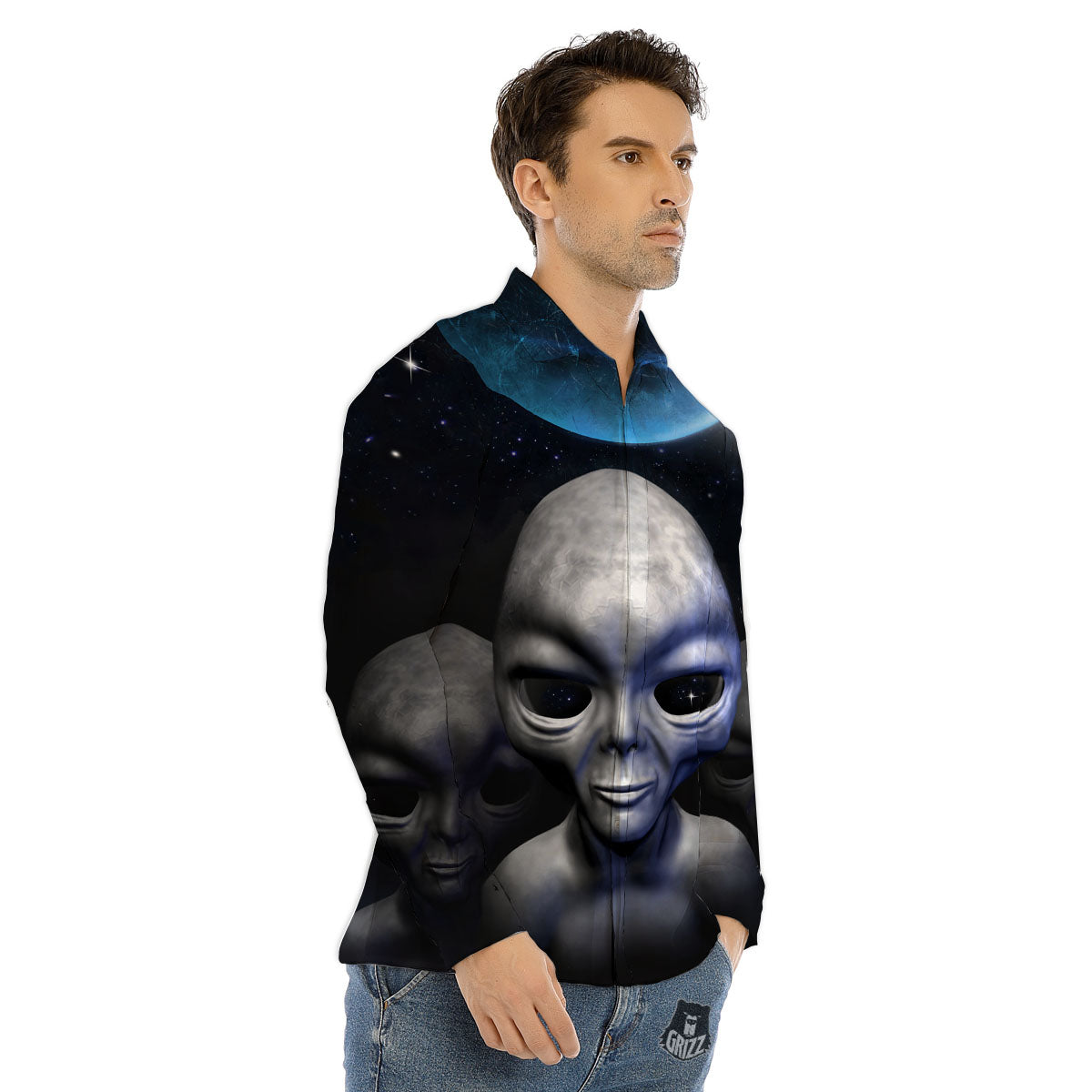 3D Grey Alien Print Men's Dress Shirts-grizzshop