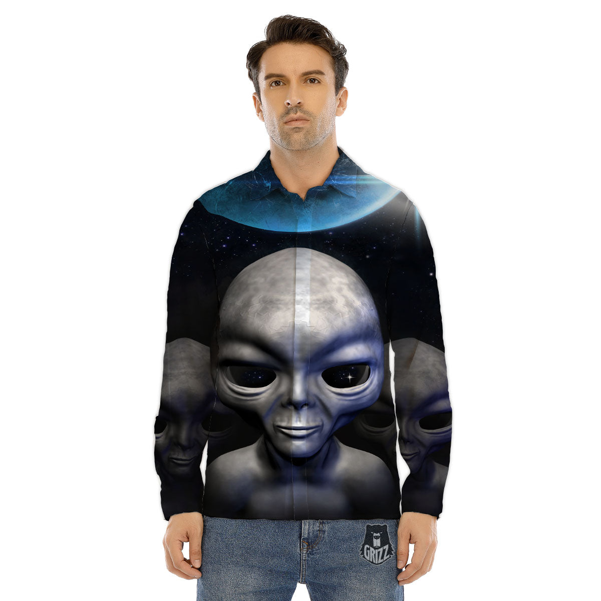 3D Grey Alien Print Men's Dress Shirts-grizzshop
