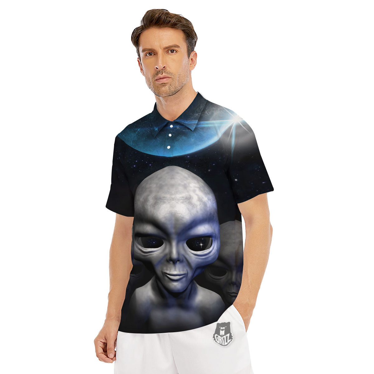 3D Grey Alien Print Men's Golf Shirts-grizzshop