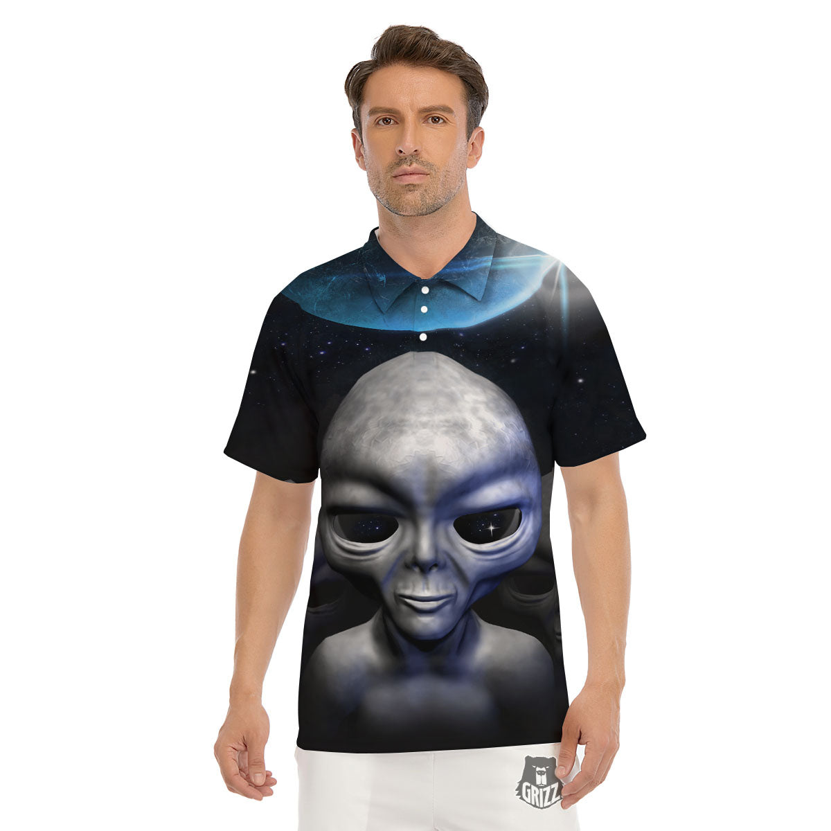 3D Grey Alien Print Men's Golf Shirts-grizzshop