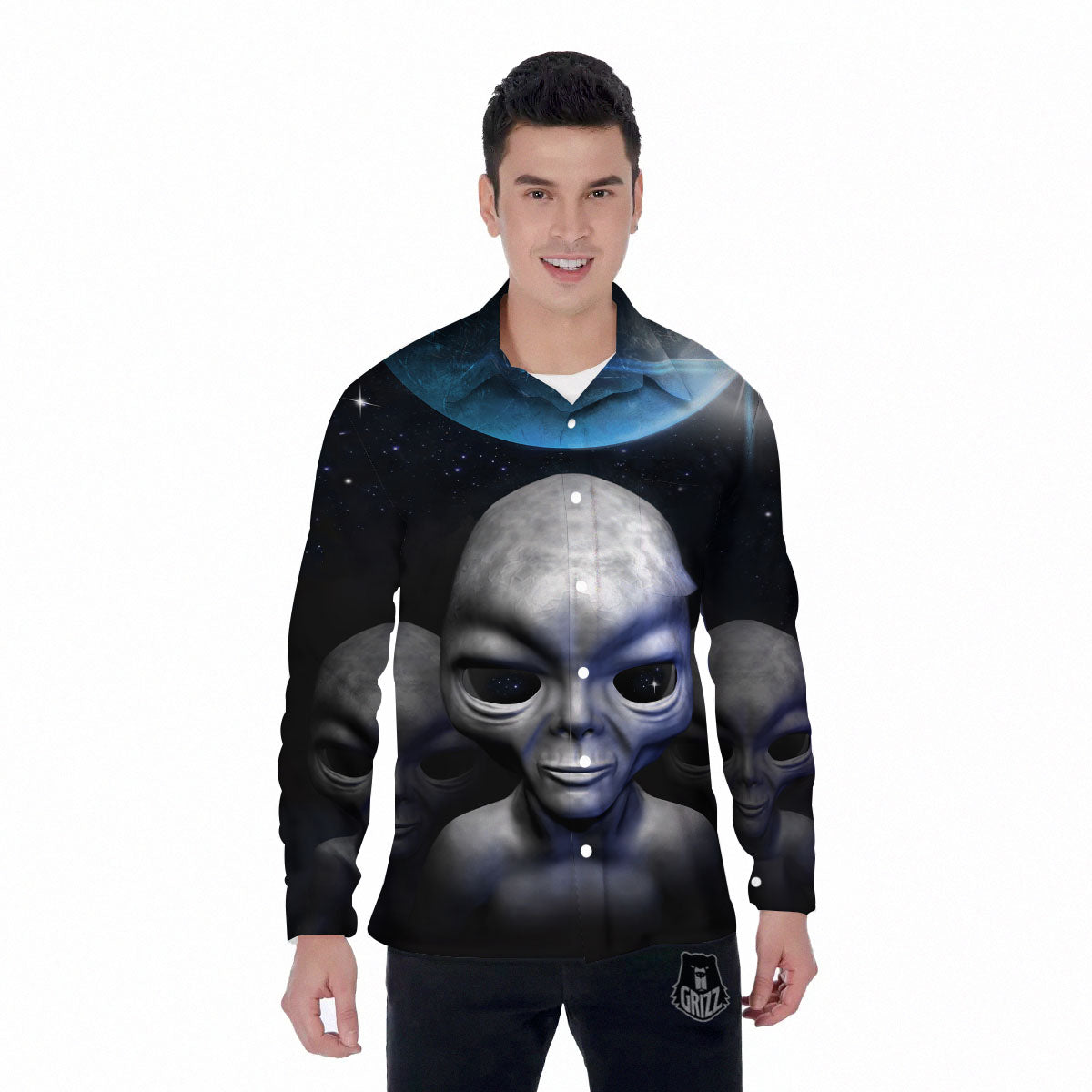 3D Grey Alien Print Men's Long Sleeve Shirts-grizzshop