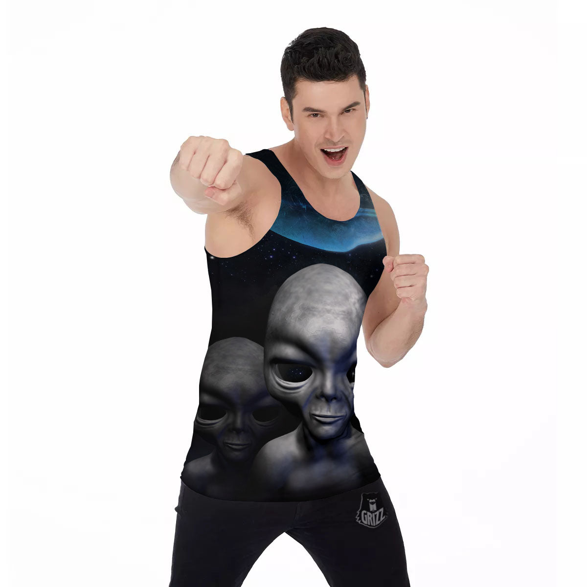 3D Grey Alien Print Men's Tank Top-grizzshop