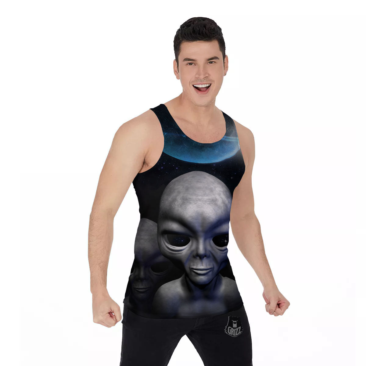 3D Grey Alien Print Men's Tank Top-grizzshop