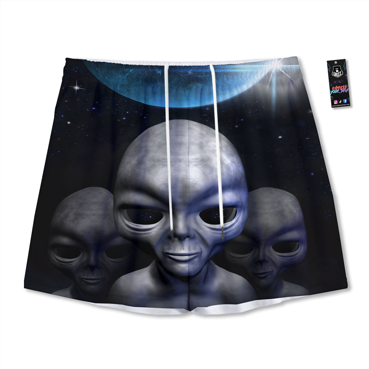 3D Grey Alien Print Mesh Shorts