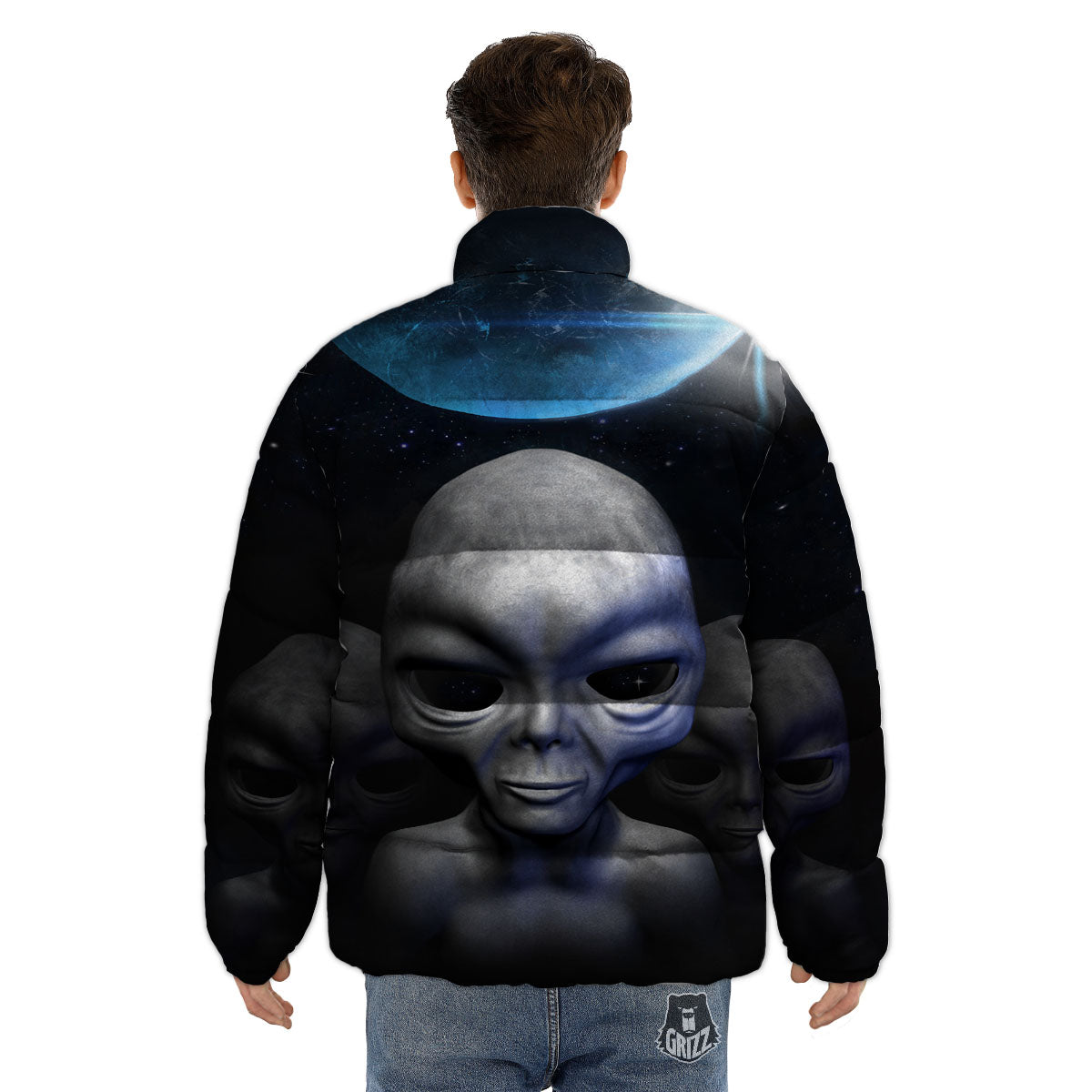 3D Grey Alien Print Puffer Jacket-grizzshop