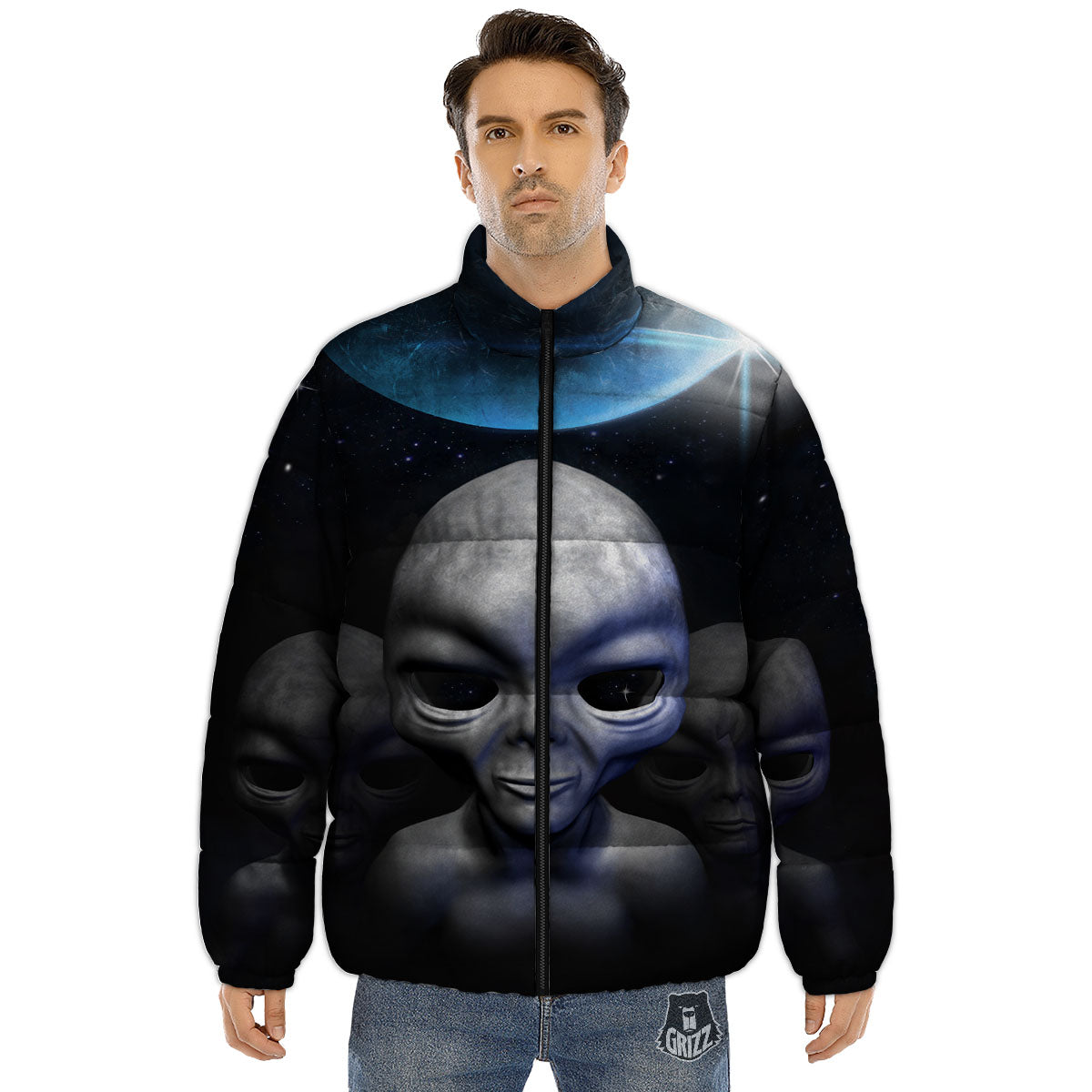 3D Grey Alien Print Puffer Jacket-grizzshop