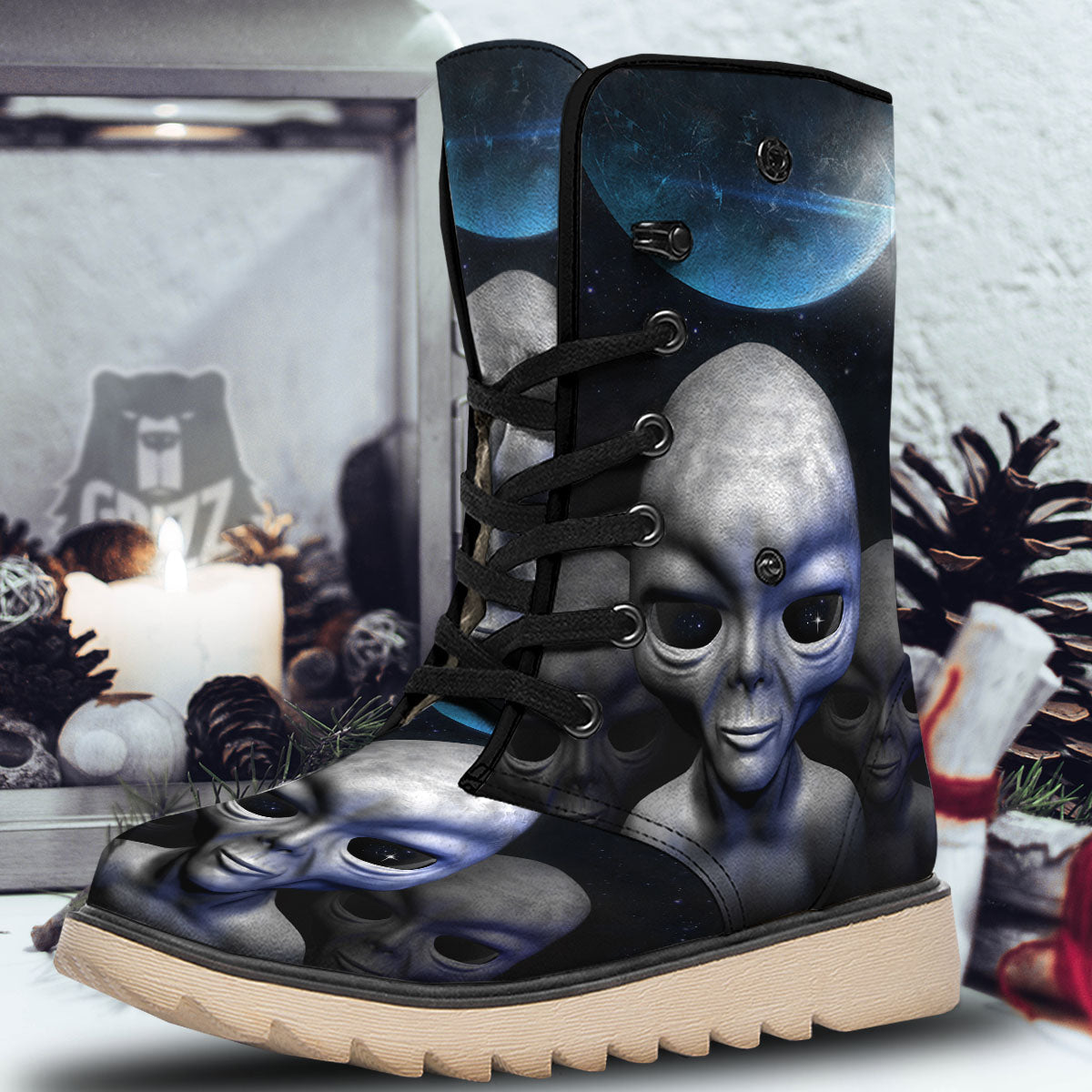3D Grey Alien Print Snow Boots-grizzshop