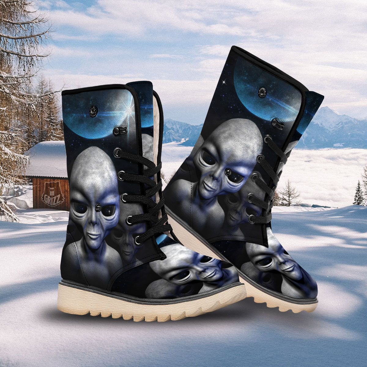 3D Grey Alien Print Snow Boots-grizzshop