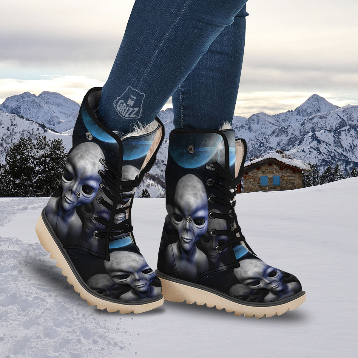 3D Grey Alien Print Snow Boots-grizzshop