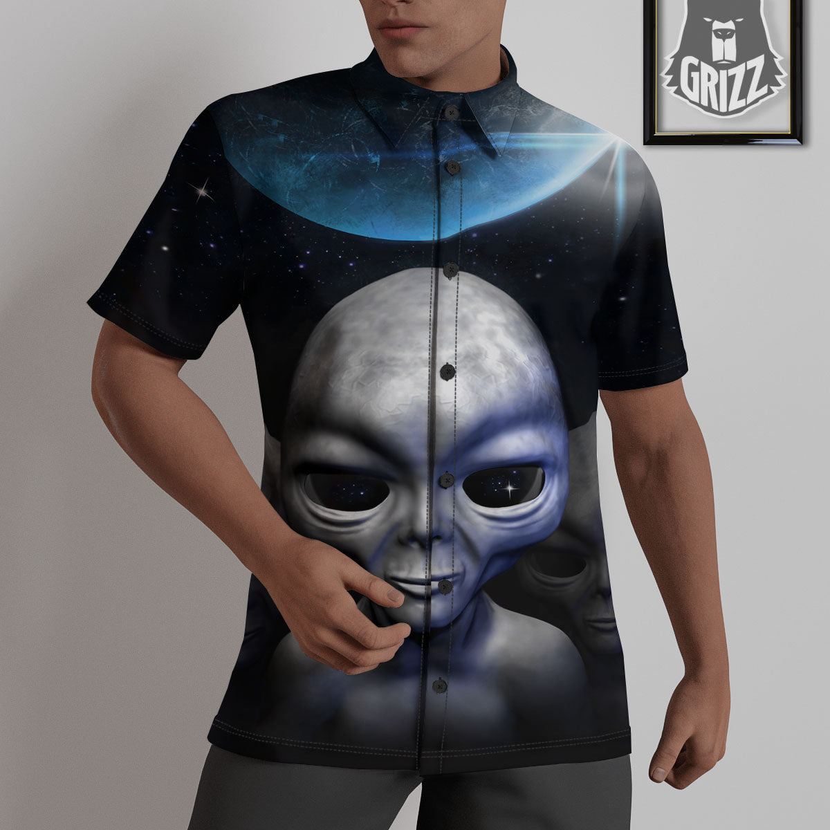 3D Grey Alien Print Untucked Shirts-grizzshop