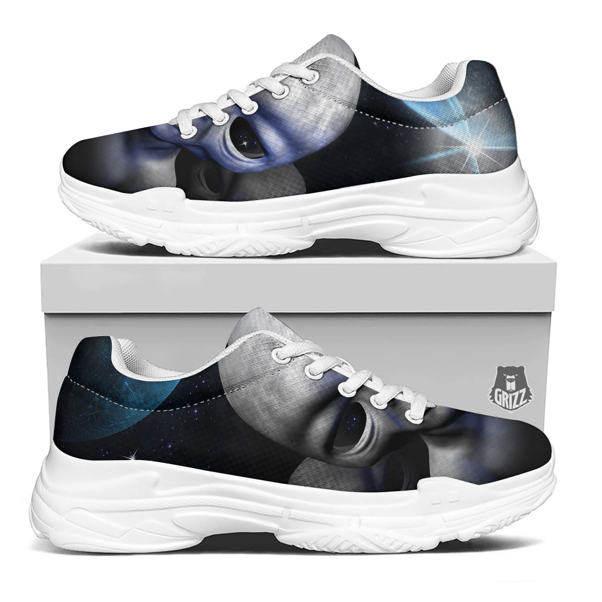 3D Grey Alien Print White Chunky Shoes-grizzshop