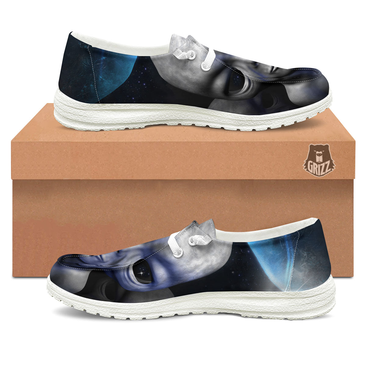 3D Grey Alien Print White Loafers-grizzshop