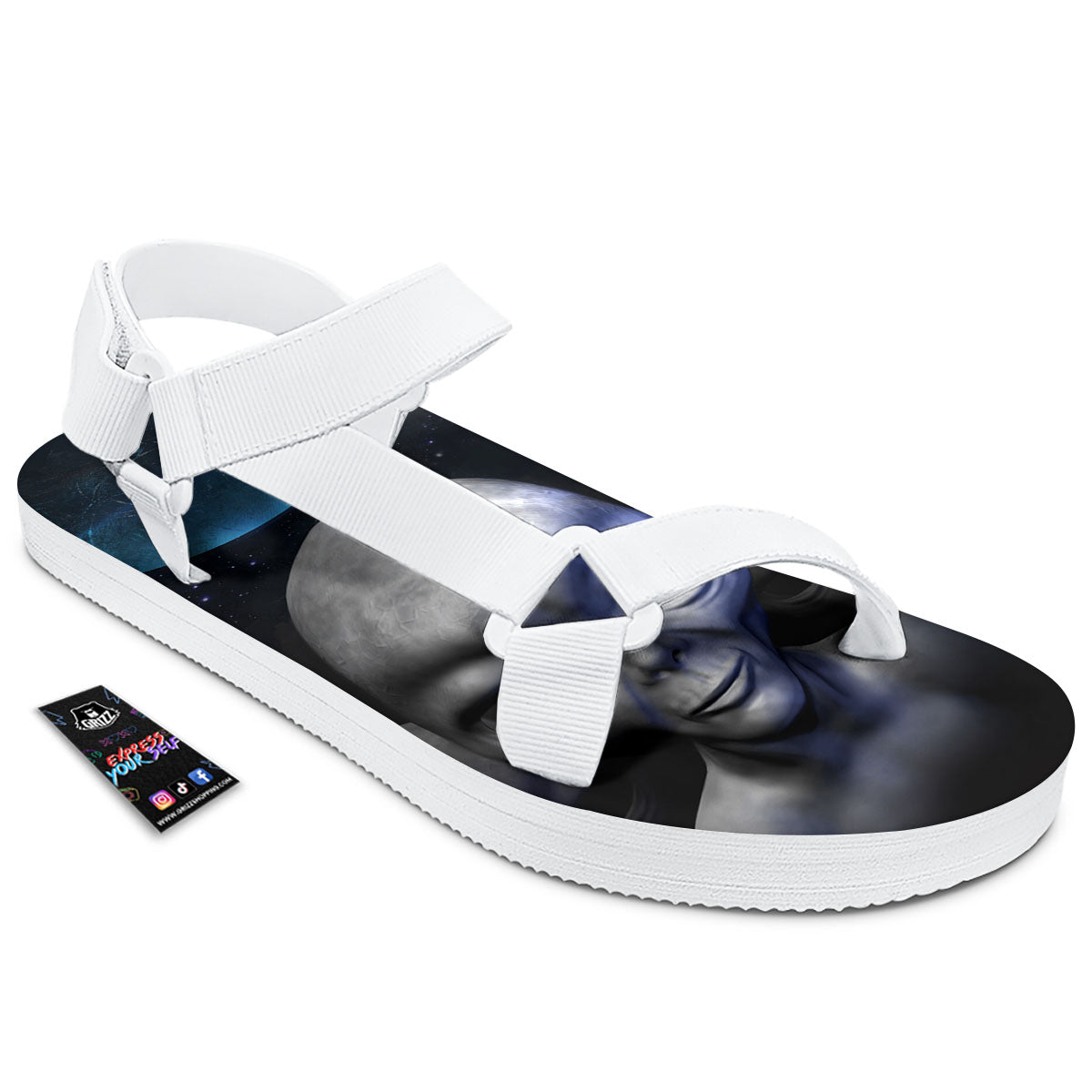 3D Grey Alien Print White Open Toe Sandals-grizzshop