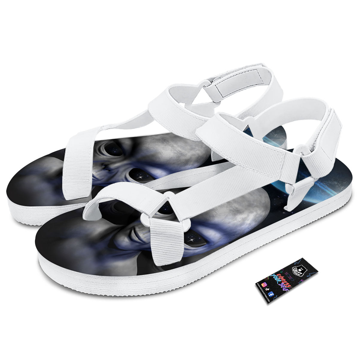 3D Grey Alien Print White Open Toe Sandals-grizzshop