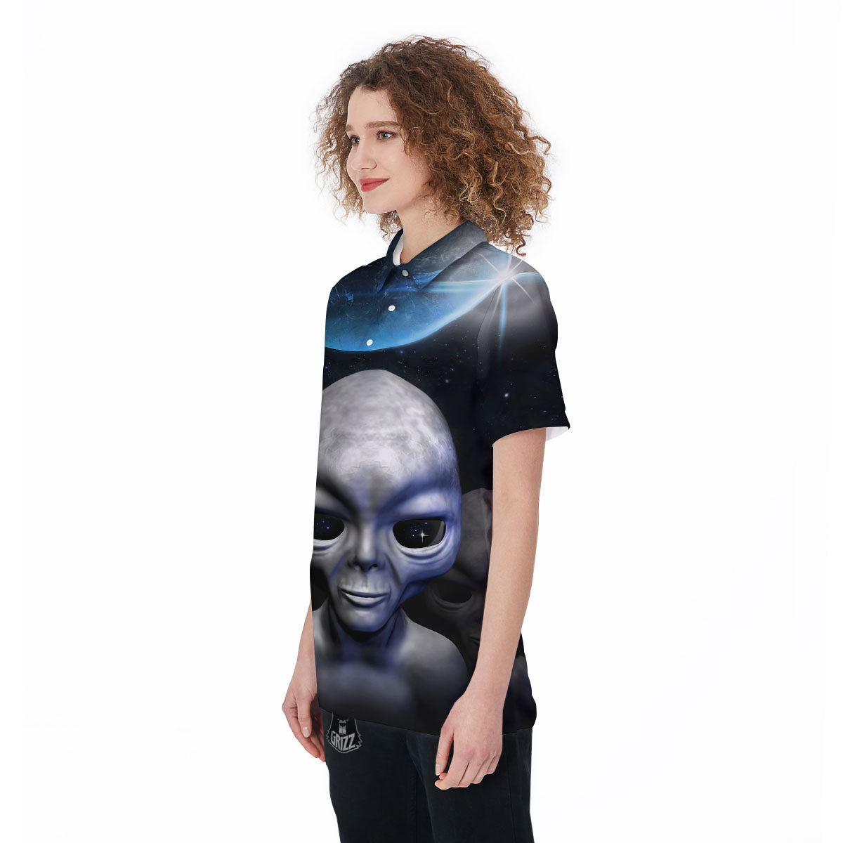 3D Grey Alien Print Women's Golf Shirts-grizzshop