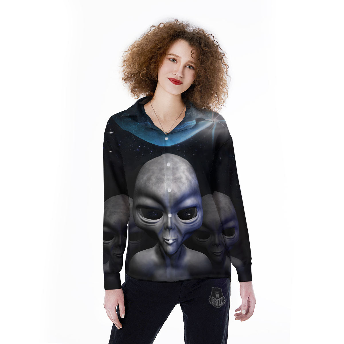 3D Grey Alien Print Women's Long Sleeve Shirts-grizzshop