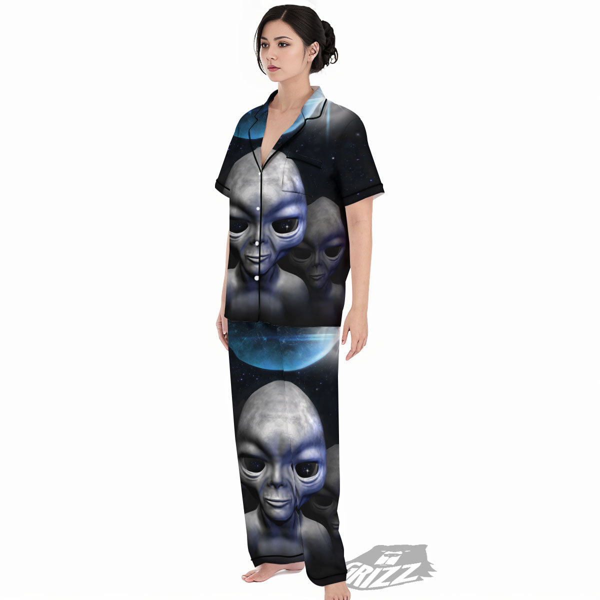 3D Grey Alien Print Women's Pajamas Set-grizzshop