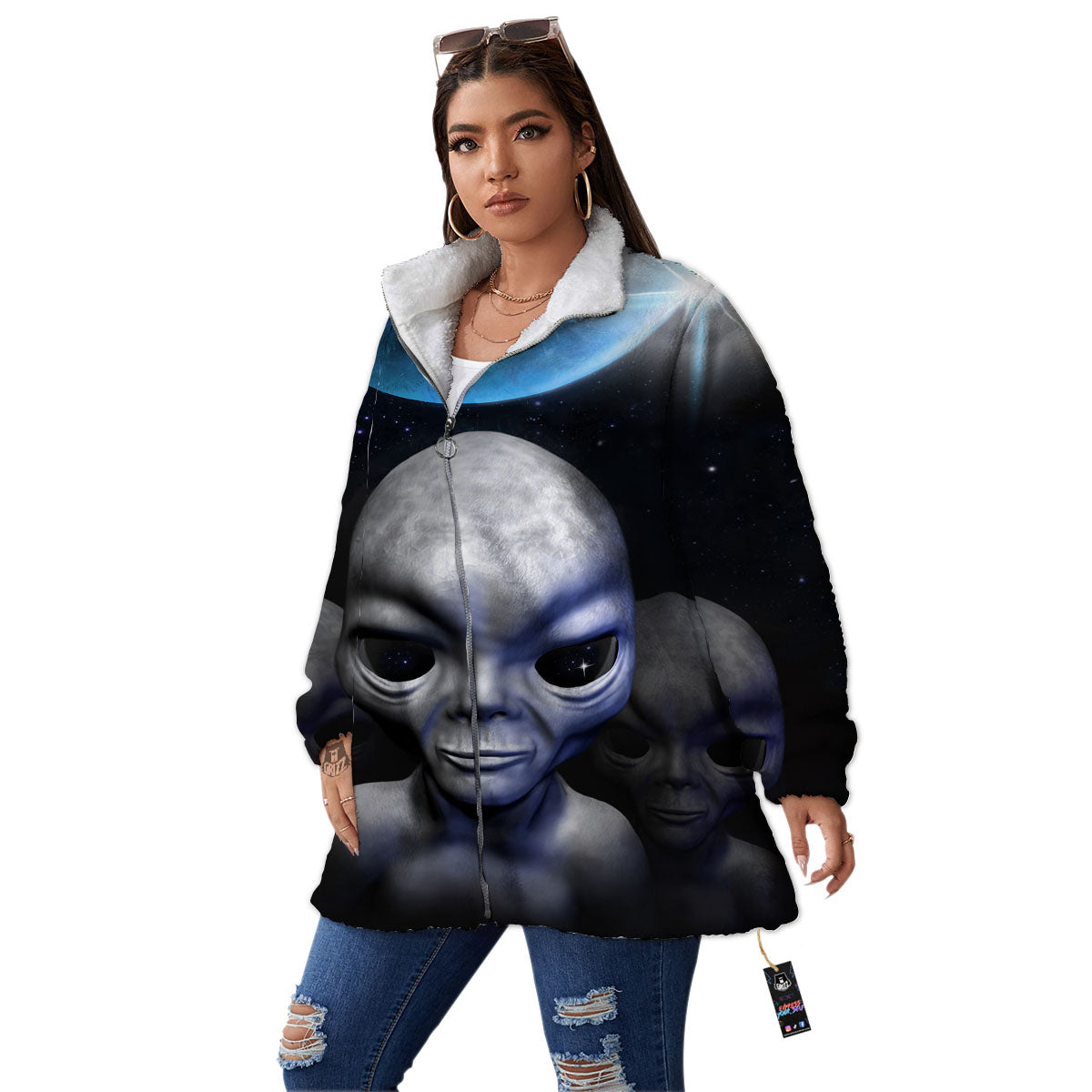 3D Grey Alien Print Women's Sherpa Jacket-grizzshop