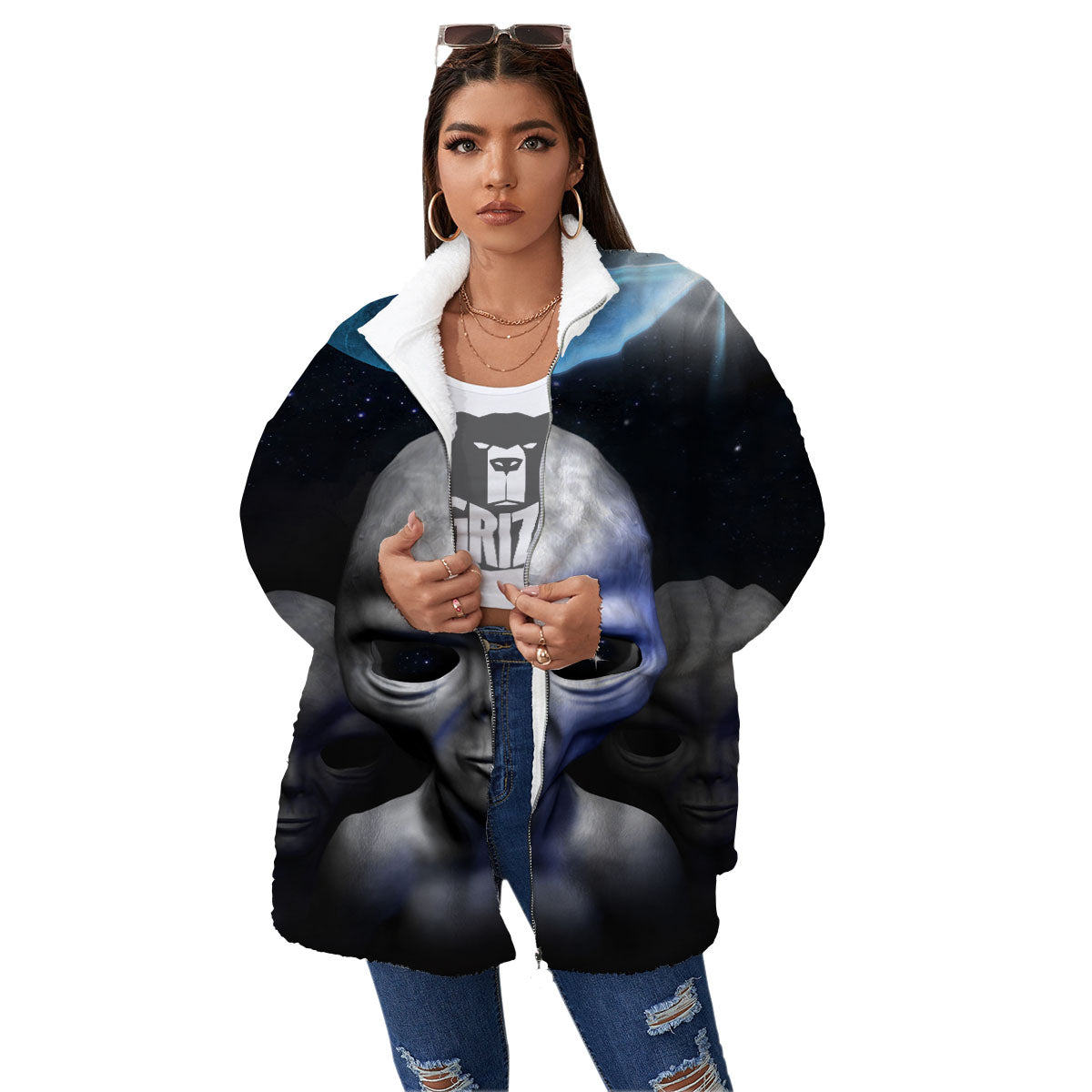 3D Grey Alien Print Women's Sherpa Jacket-grizzshop