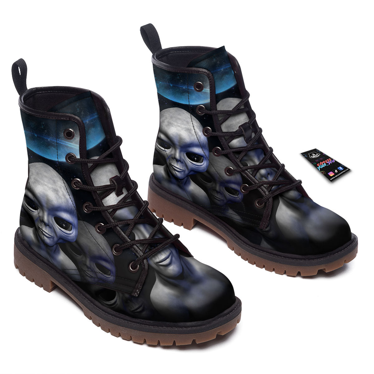 3D Grey Alien Print Work Boots-grizzshop