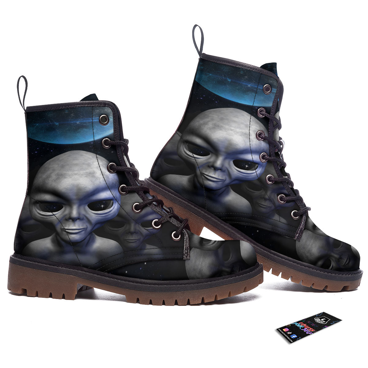 3D Grey Alien Print Work Boots-grizzshop
