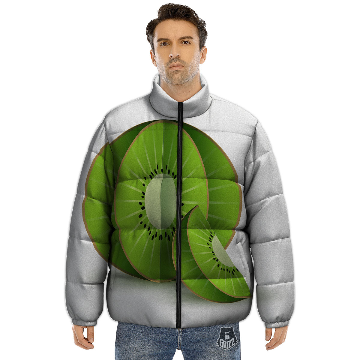 3D Kiwi Print Puffer Jacket-grizzshop