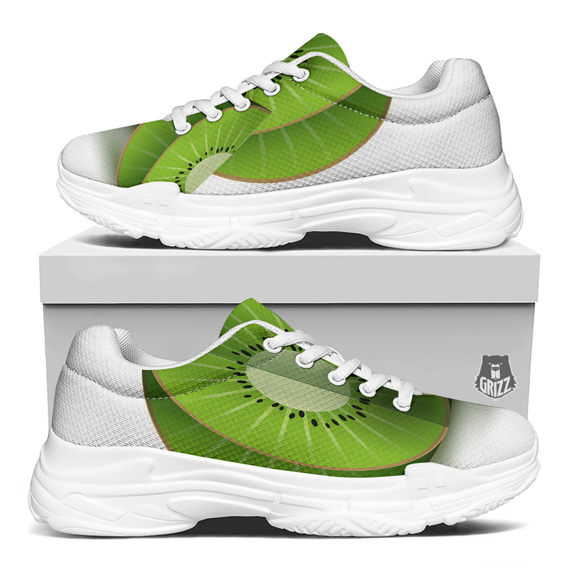 3D Kiwi Print White Chunky Shoes-grizzshop