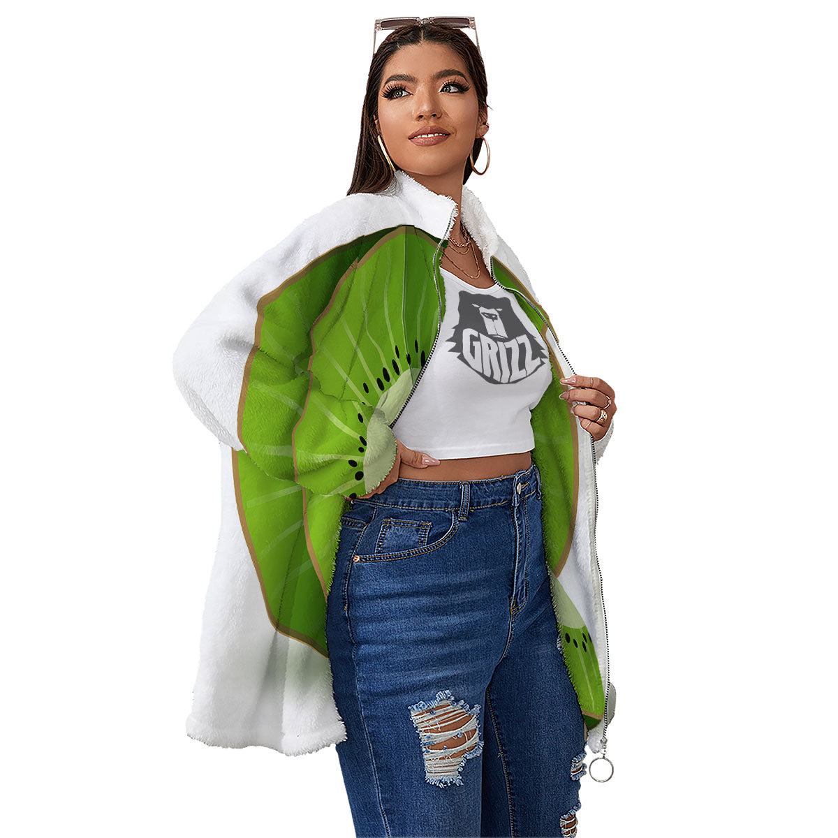 3D Kiwi Print Women's Sherpa Jacket-grizzshop