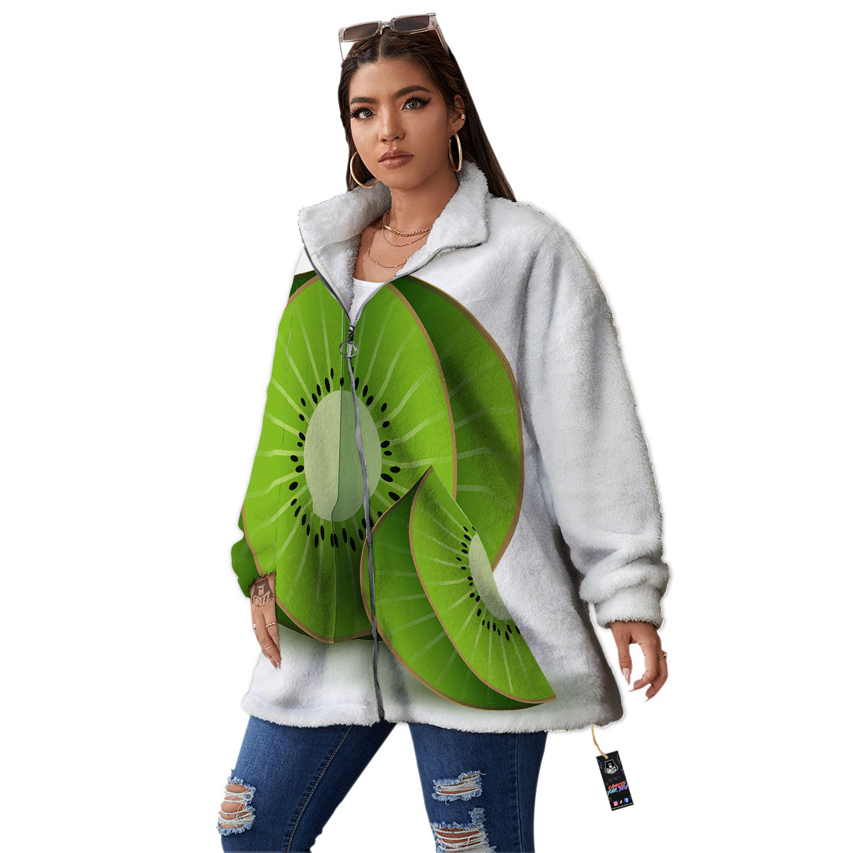 3D Kiwi Print Women's Sherpa Jacket-grizzshop