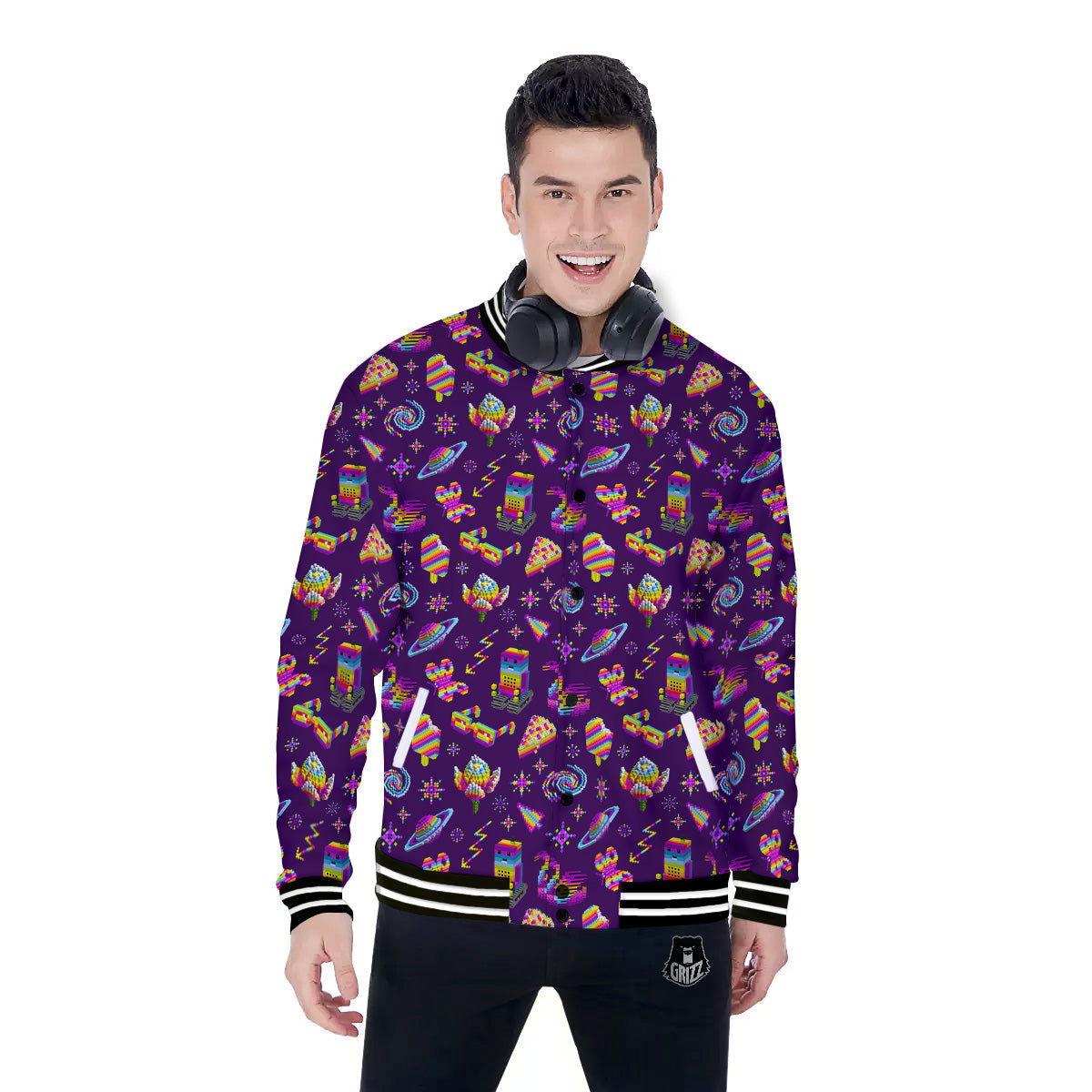 3D Pixel Cartoon Print Pattern Baseball Jacket-grizzshop