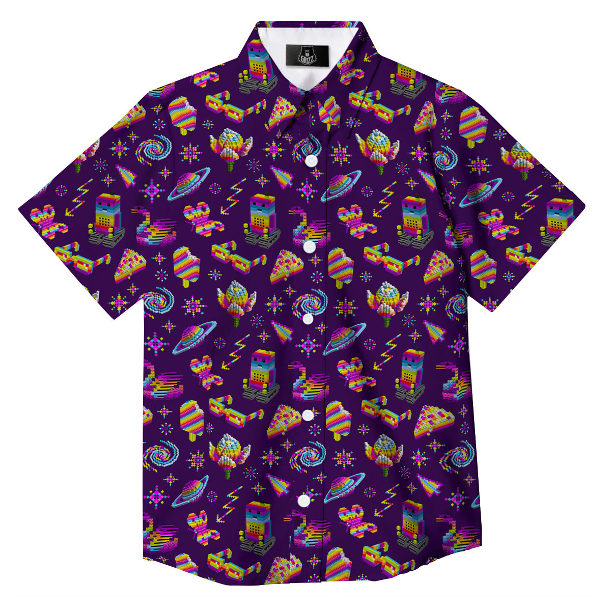 3D Pixel Cartoon Print Pattern Button Up Shirt-grizzshop