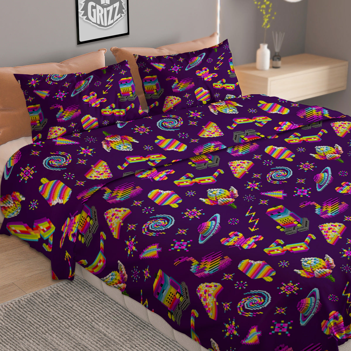3D Pixel Cartoon Print Pattern Duvet Cover Bedding Set