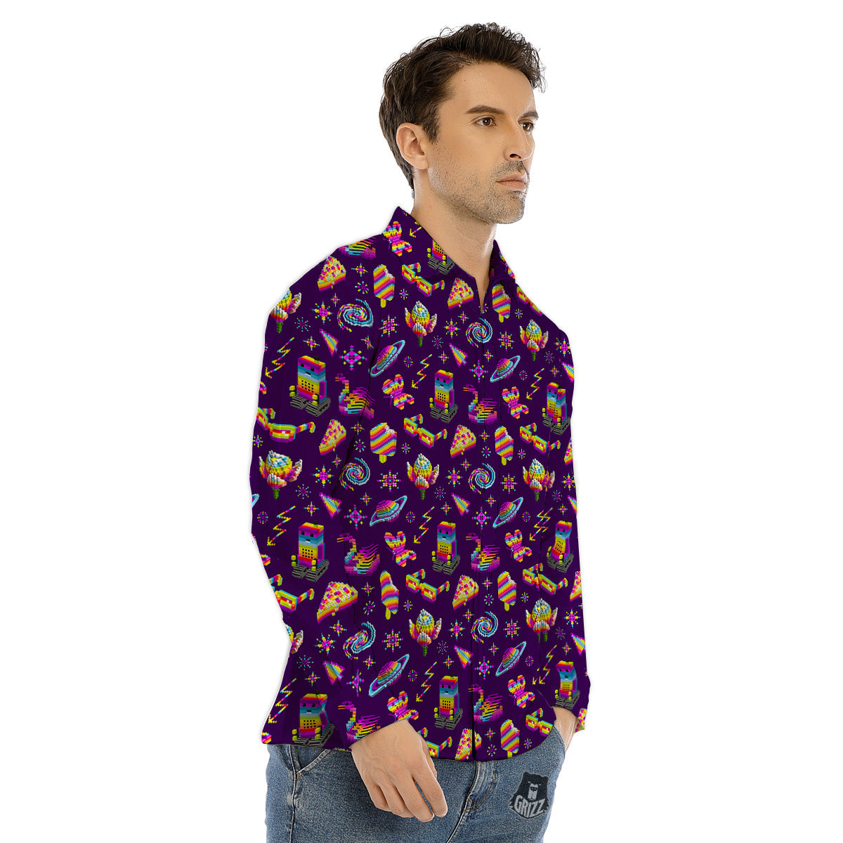 3D Pixel Cartoon Print Pattern Men's Dress Shirts-grizzshop
