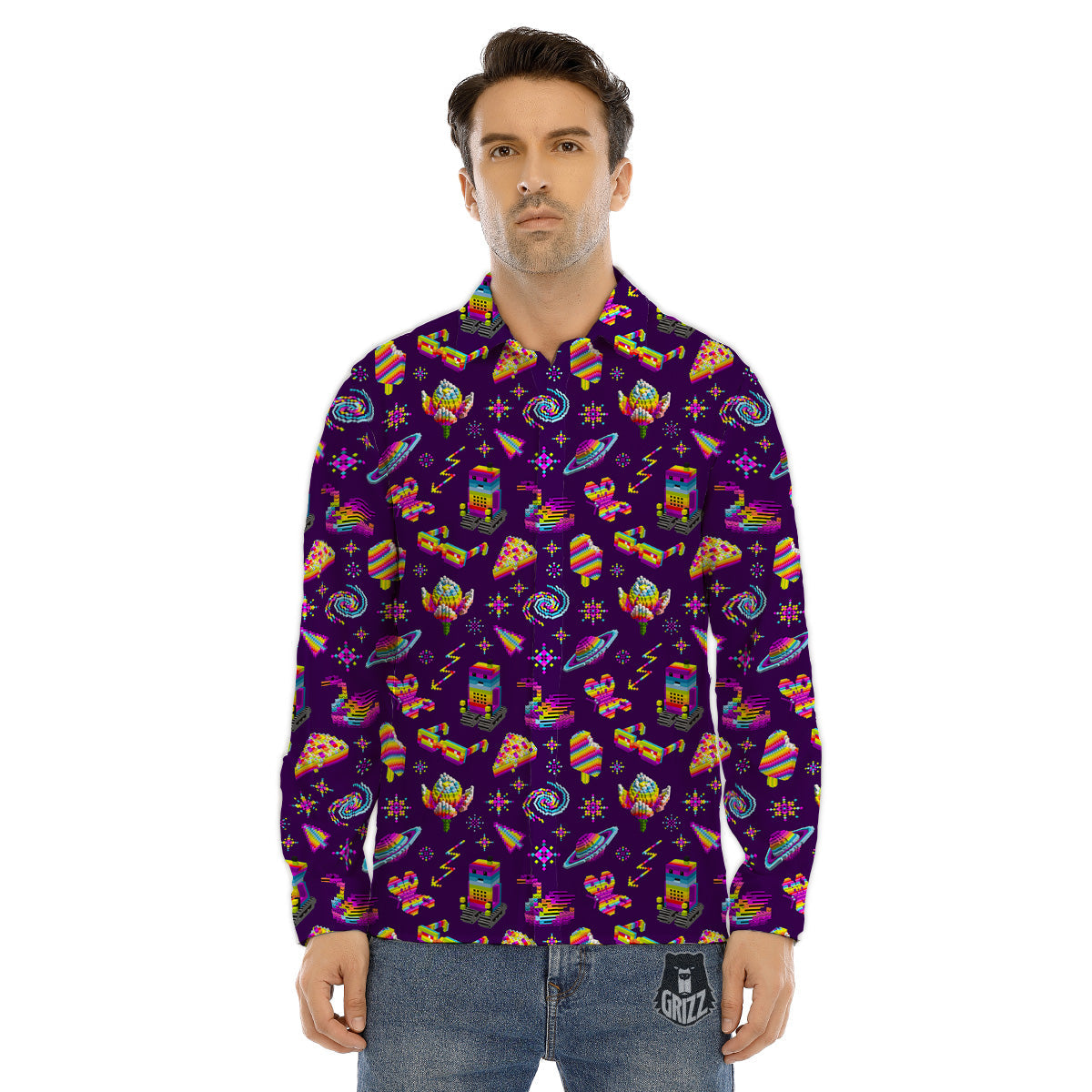 3D Pixel Cartoon Print Pattern Men's Dress Shirts-grizzshop