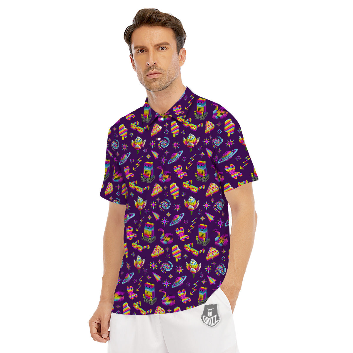 3D Pixel Cartoon Print Pattern Men's Golf Shirts-grizzshop