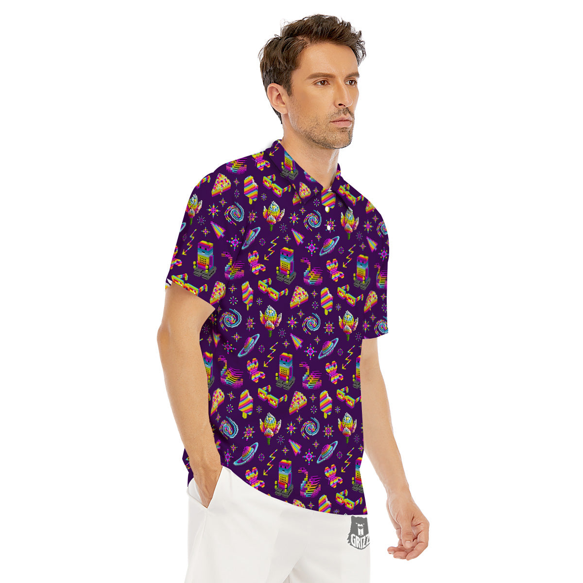3D Pixel Cartoon Print Pattern Men's Golf Shirts-grizzshop