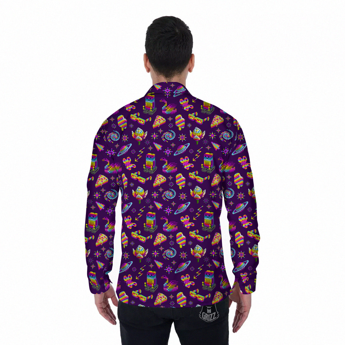 3D Pixel Cartoon Print Pattern Men's Long Sleeve Shirts-grizzshop