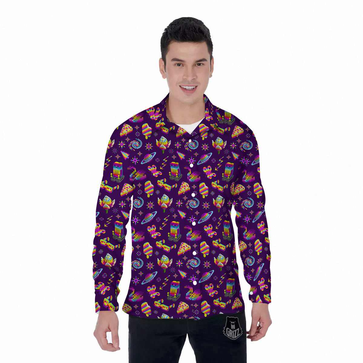 3D Pixel Cartoon Print Pattern Men's Long Sleeve Shirts-grizzshop
