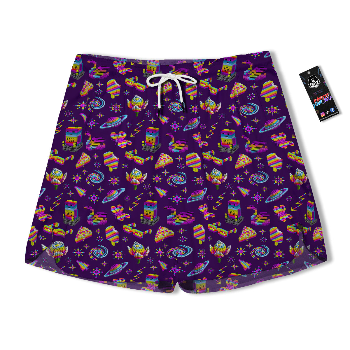 3D Pixel Cartoon Print Pattern Men's Running Shorts-grizzshop