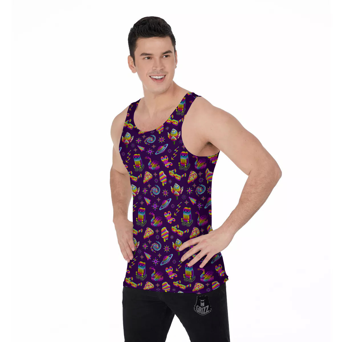 3D Pixel Cartoon Print Pattern Men's Tank Top-grizzshop