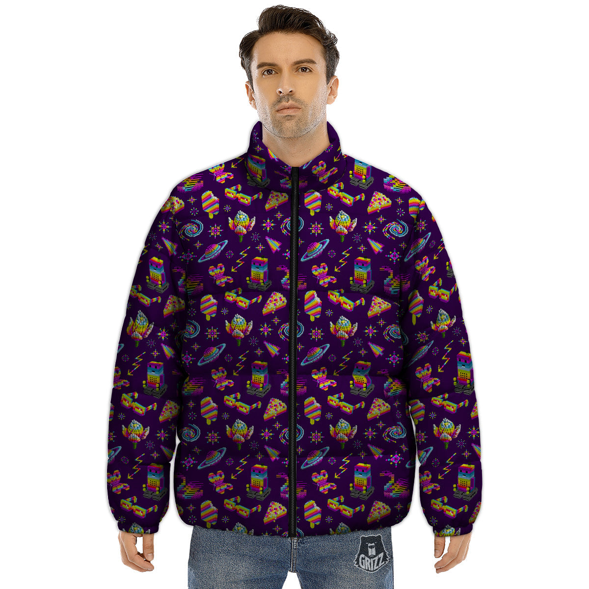 3D Pixel Cartoon Print Pattern Puffer Jacket-grizzshop