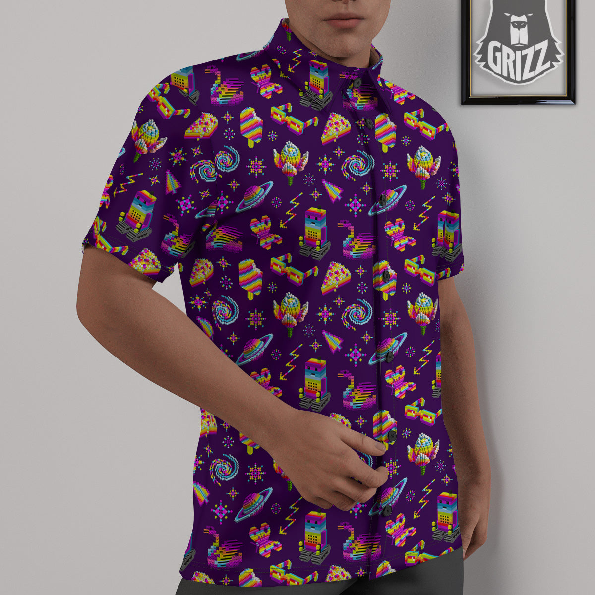 3D Pixel Cartoon Print Pattern Untucked Shirts-grizzshop