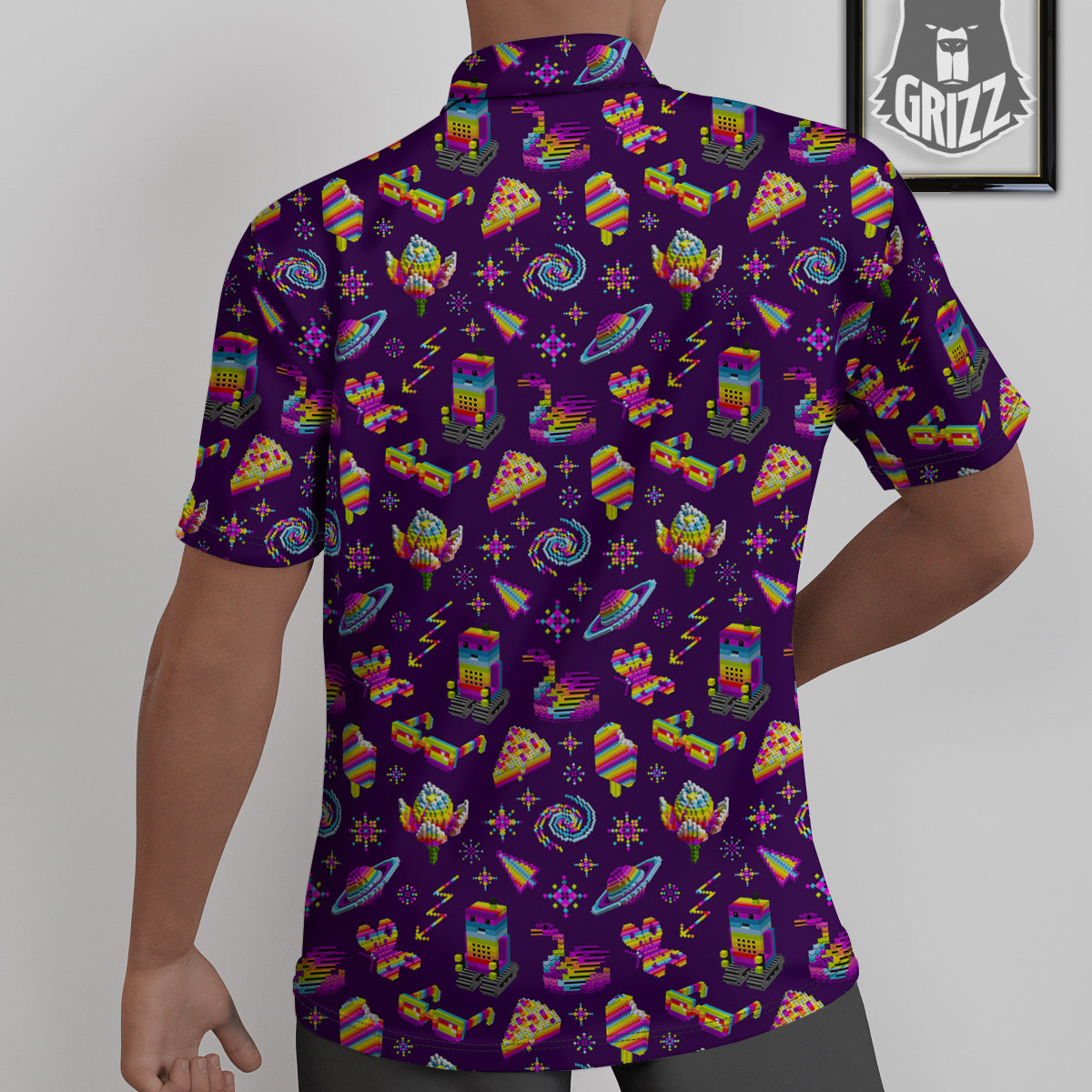 3D Pixel Cartoon Print Pattern Untucked Shirts-grizzshop