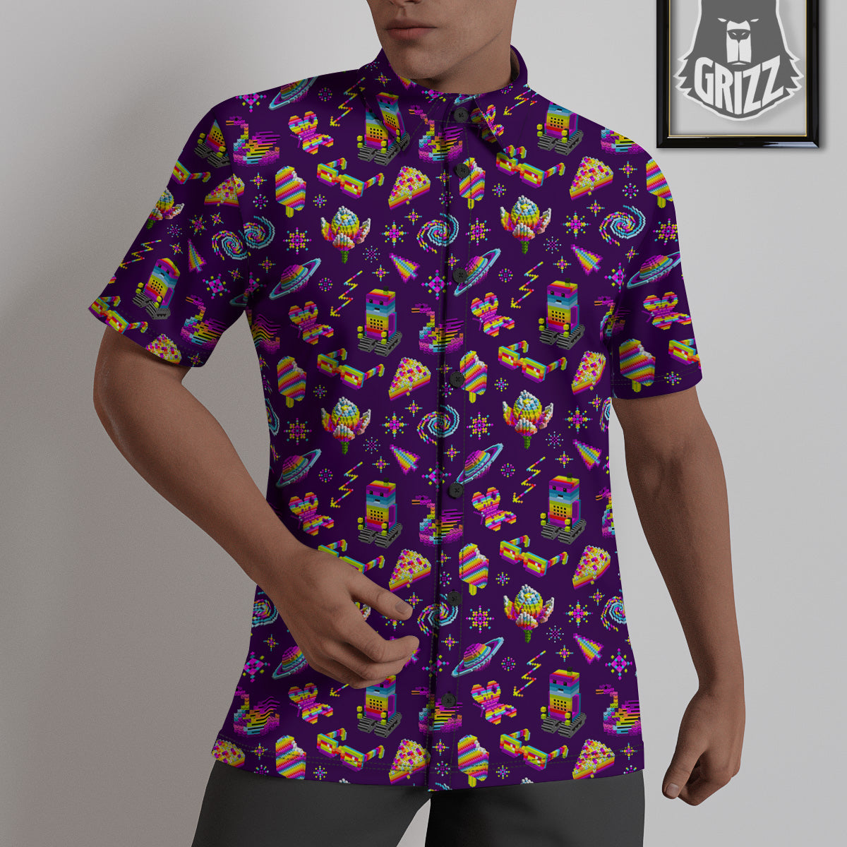 3D Pixel Cartoon Print Pattern Untucked Shirts-grizzshop