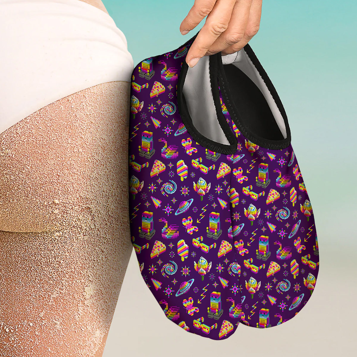 3D Pixel Cartoon Print Pattern Water Shoes-grizzshop