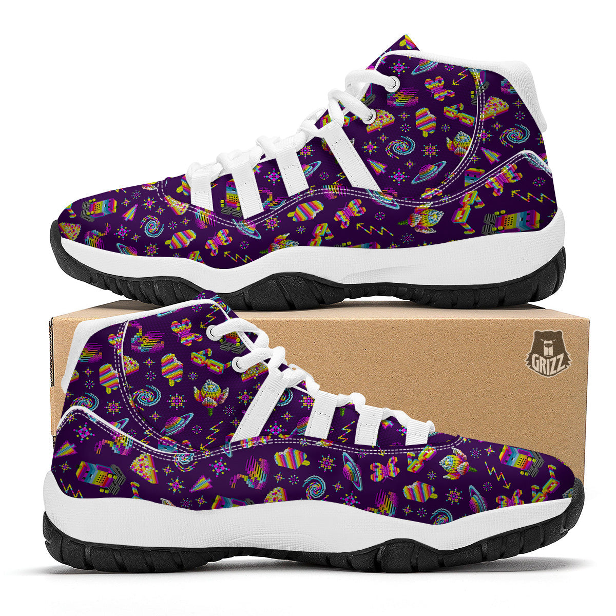 3D Pixel Cartoon Print Pattern White Bball Shoes-grizzshop