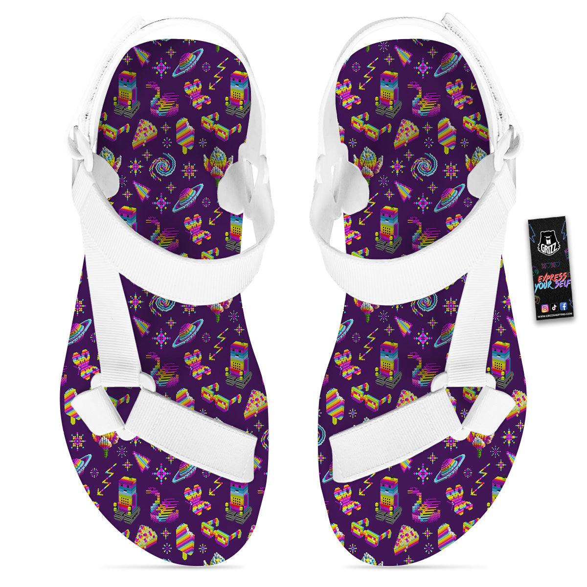 3D Pixel Cartoon Print Pattern White Open Toe Sandals-grizzshop