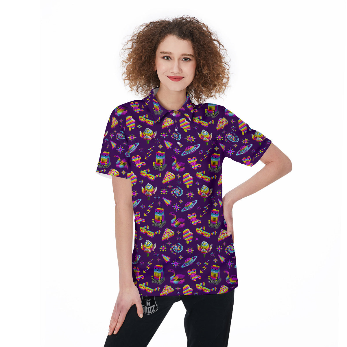 3D Pixel Cartoon Print Pattern Women's Golf Shirts-grizzshop